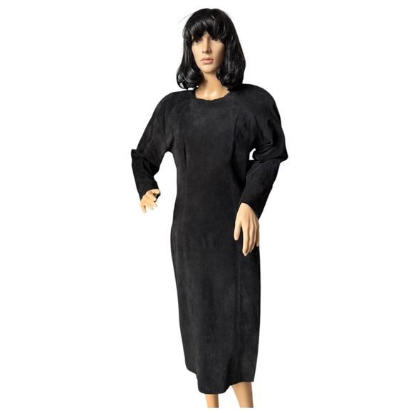 Vintage 80's Cedars Black Suede Batwing Sleeve round neck Midi Dress small - Picture 8 of 16